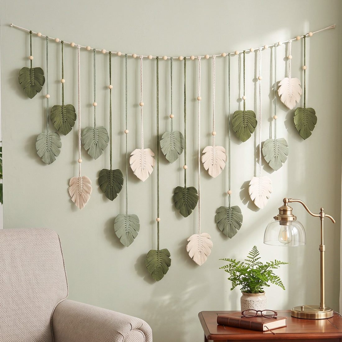 Macrame Leaves Garland Macrame Cord and Wooden Beads for Boho Wall Decor L09