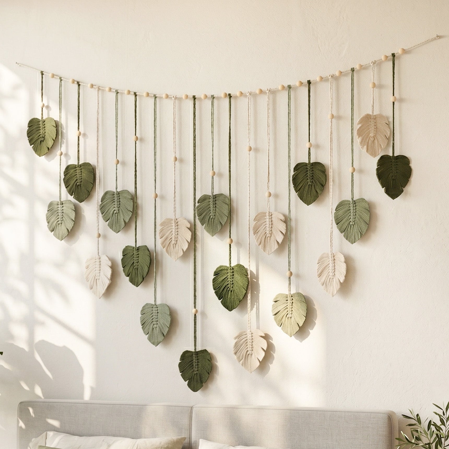 Macrame Leaves Garland Macrame Cord and Wooden Beads for Boho Wall Decor L09