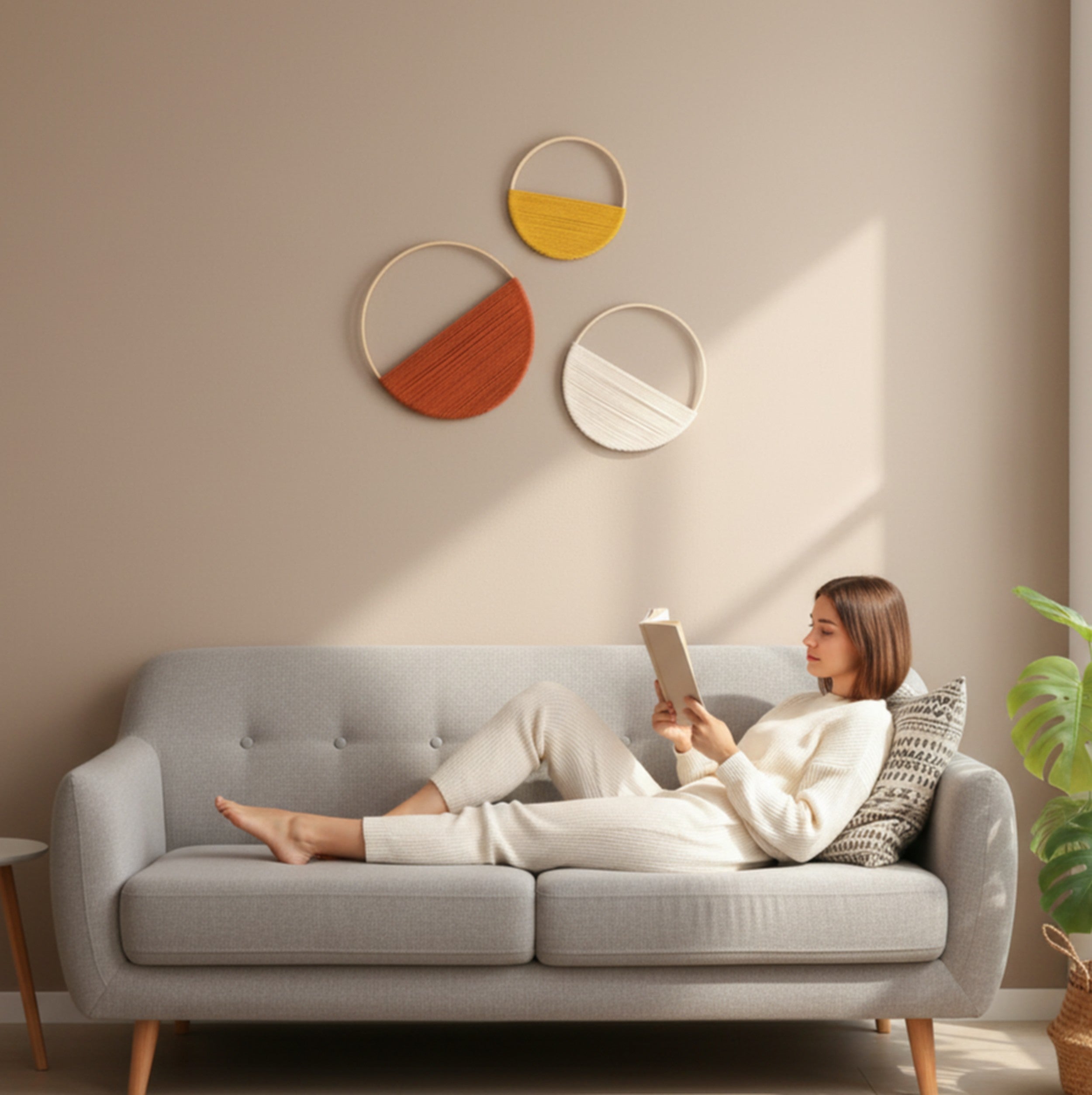 Set Macrame Circle Wall Decor - Boho Minimalist Wrapped Ring Art W23