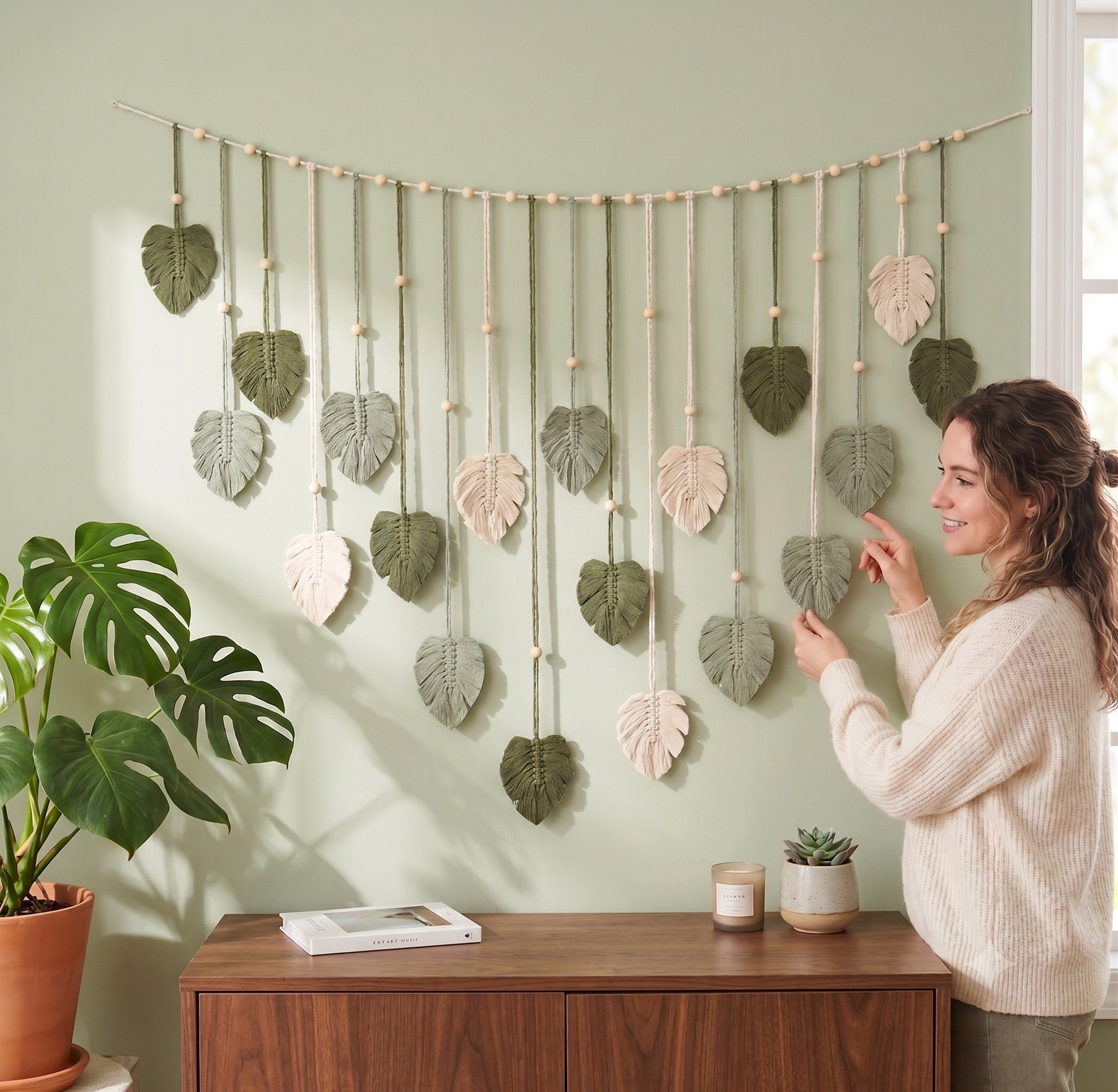 Macrame Leaves Garland Macrame Cord and Wooden Beads for Boho Wall Decor L09