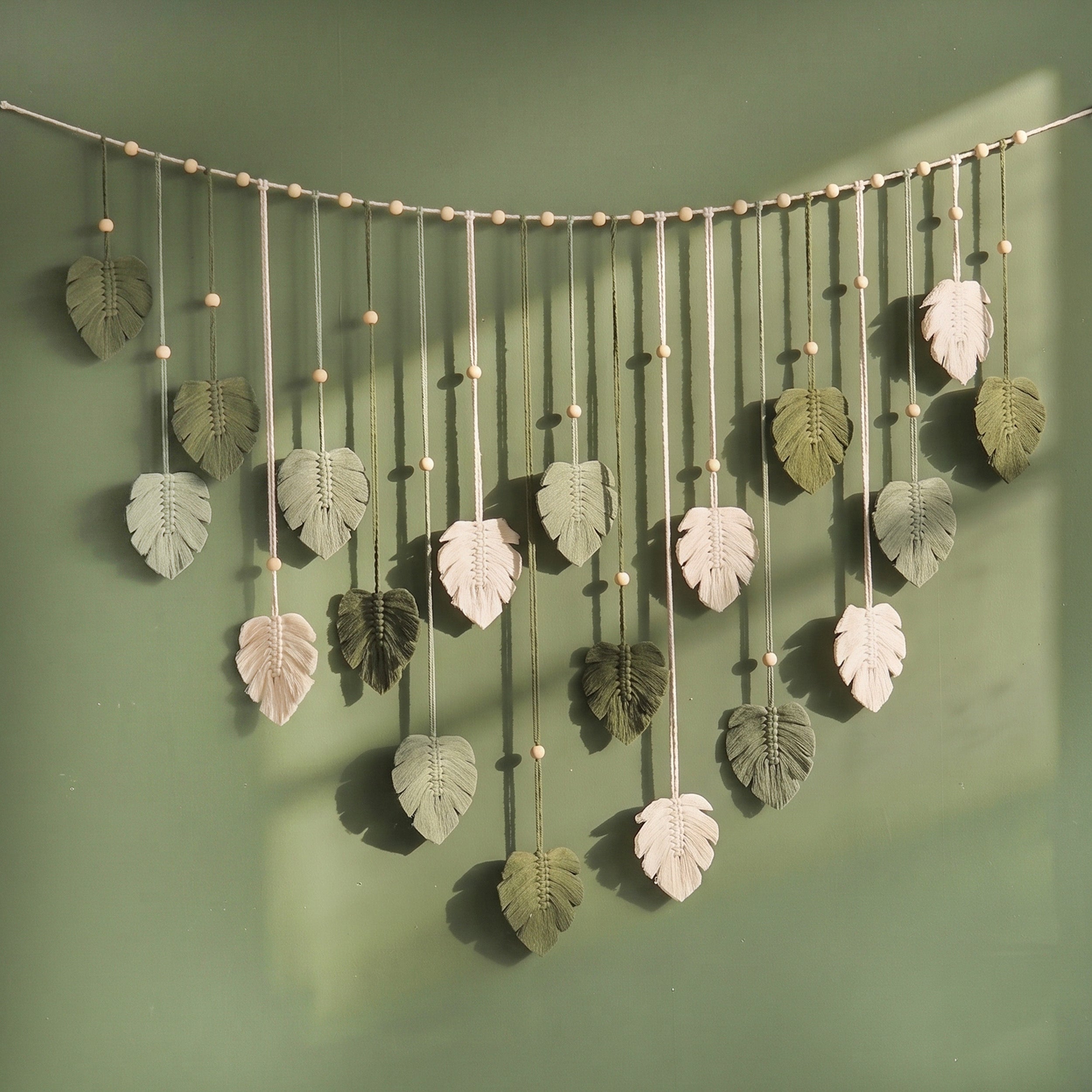 Macrame Leaves Garland Macrame Cord and Wooden Beads for Boho Wall Decor L09