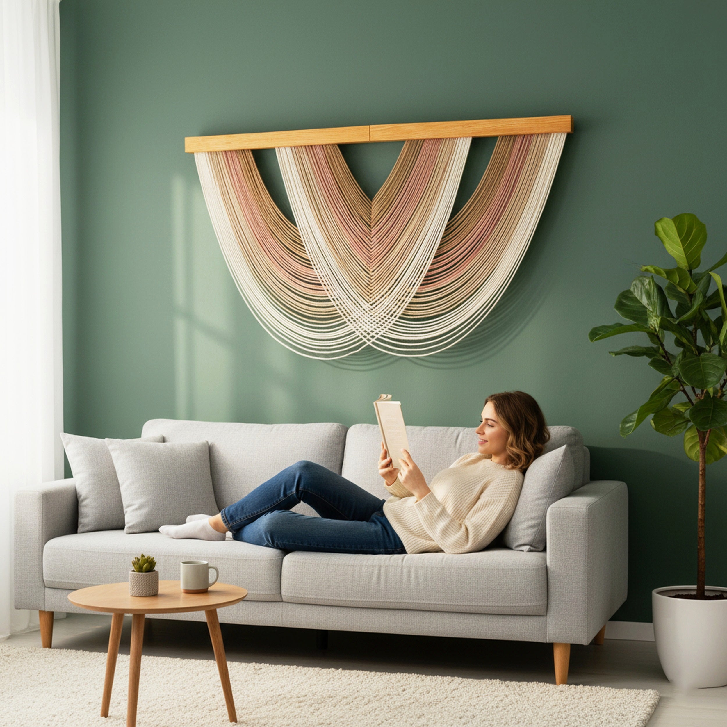 Green Arc Fiber Wall Art Macrame for Boho and Minimalist Wall Spaces V16