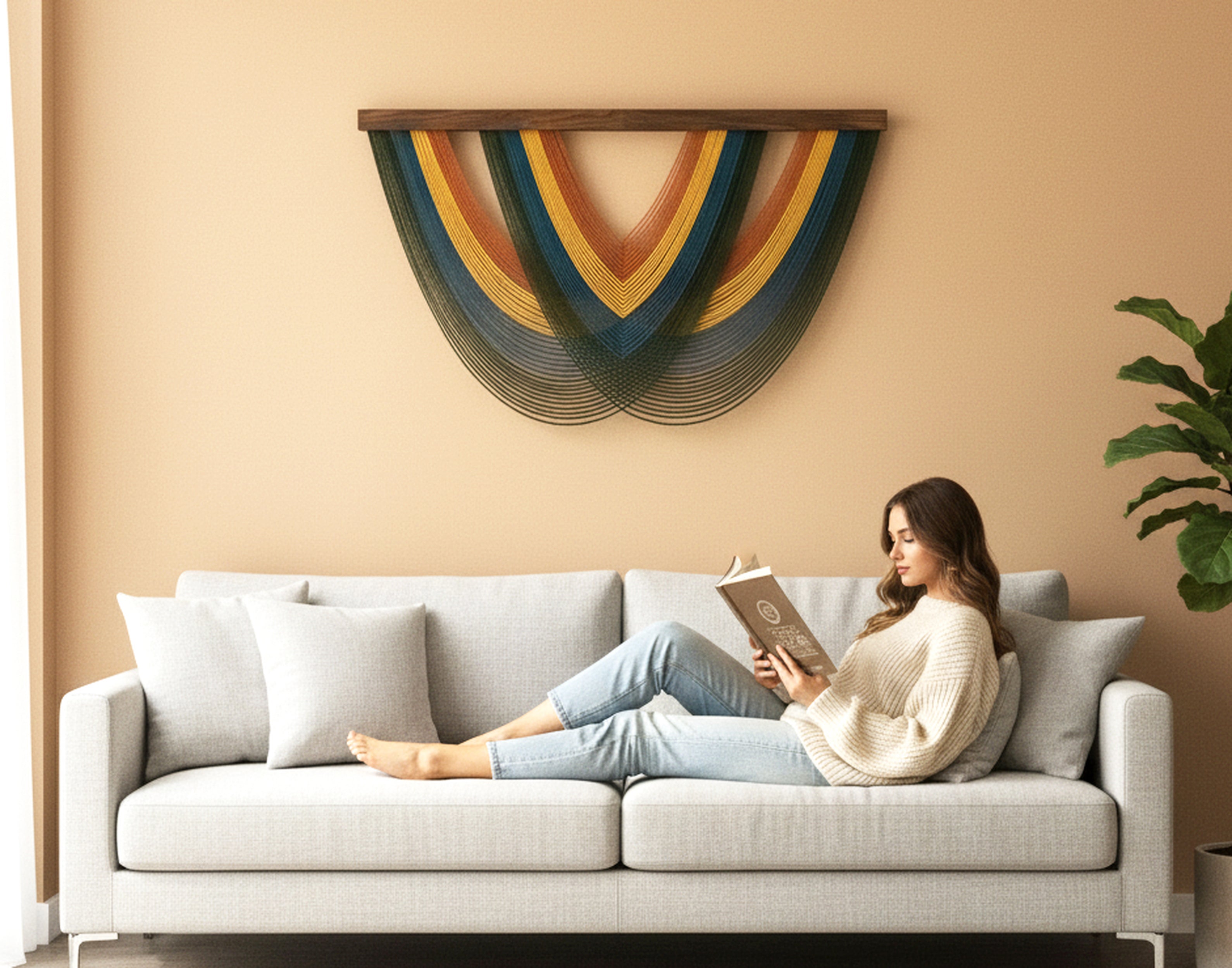 Green Arc Fiber Wall Art Macrame for Modern and Neutral Wall Decor V16