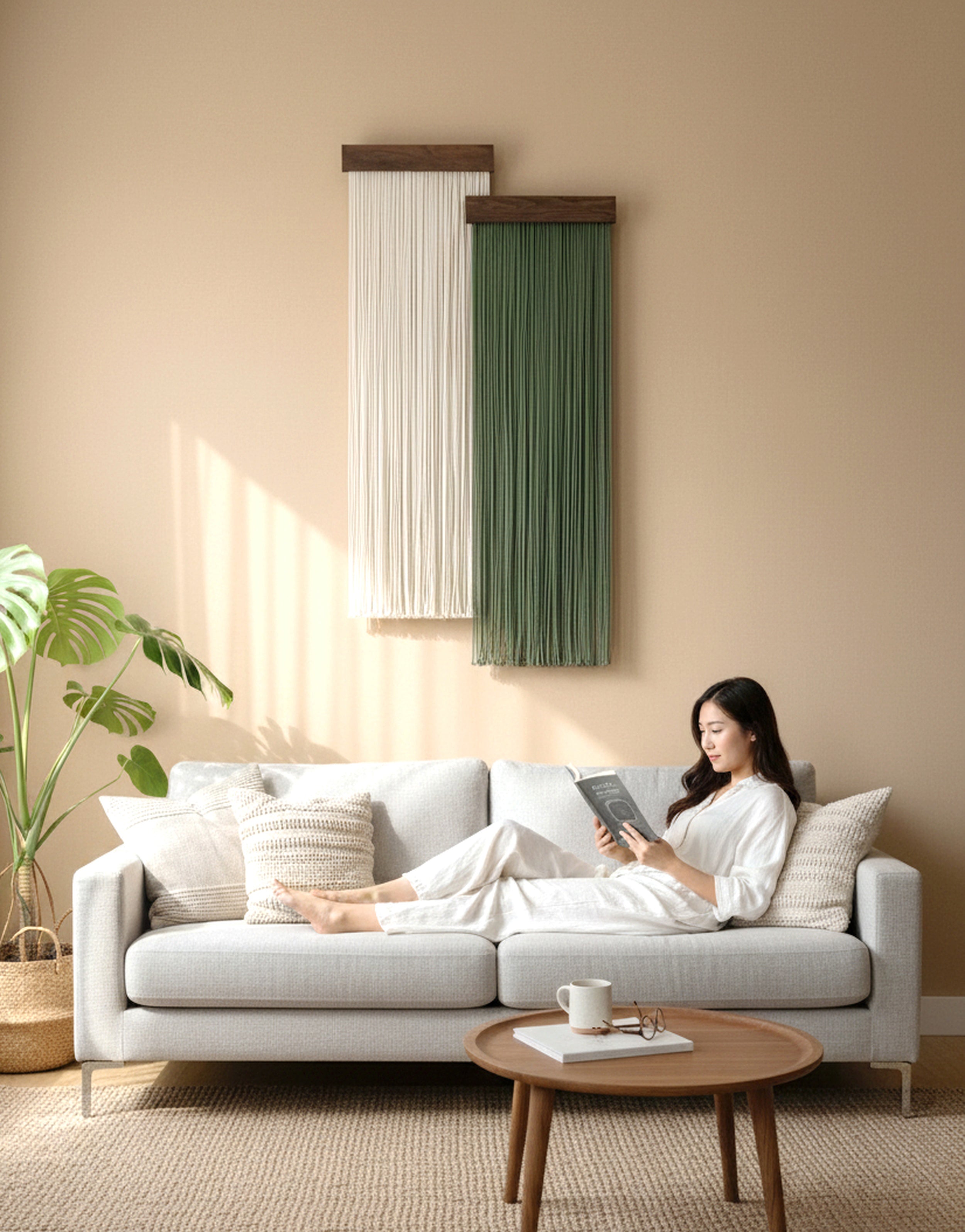 The Stillness - Set of Panel Macrame Wall Hanging in Green & Cream W18