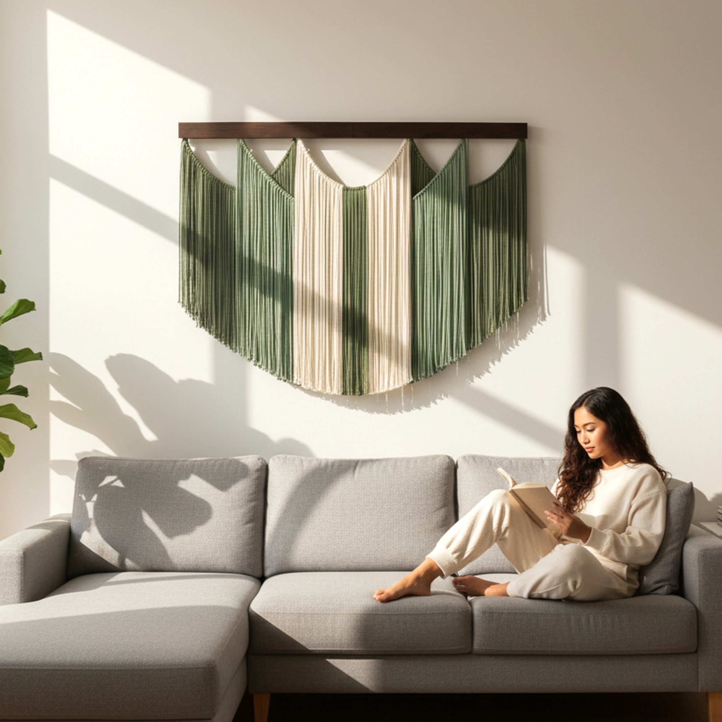 The Calm - Curved Macrame Wall Hanging in Sage Green & Cream V90