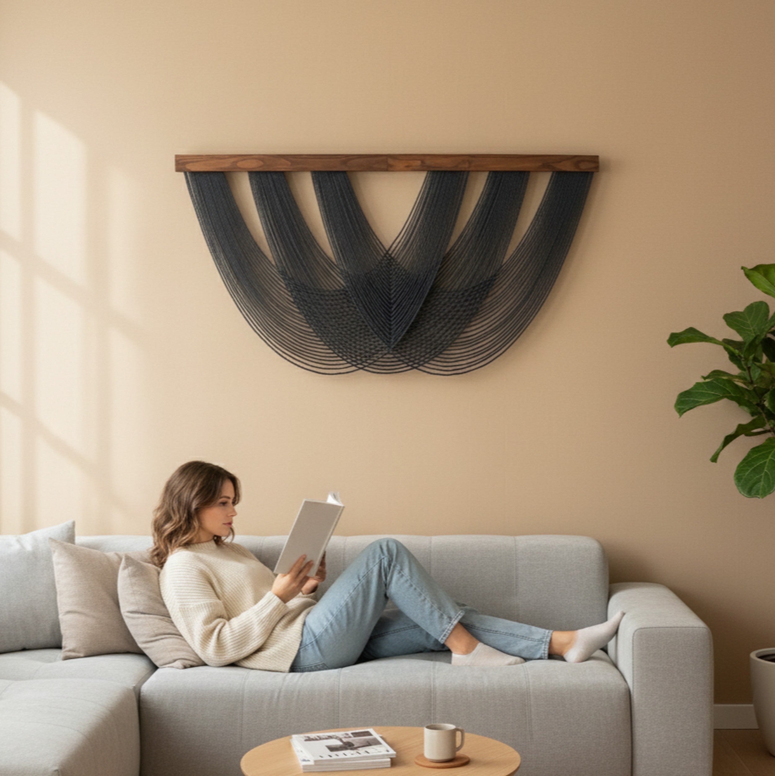 Soft Tangle - Layered Black Yarn Wall Hanging for Modern Decor V28