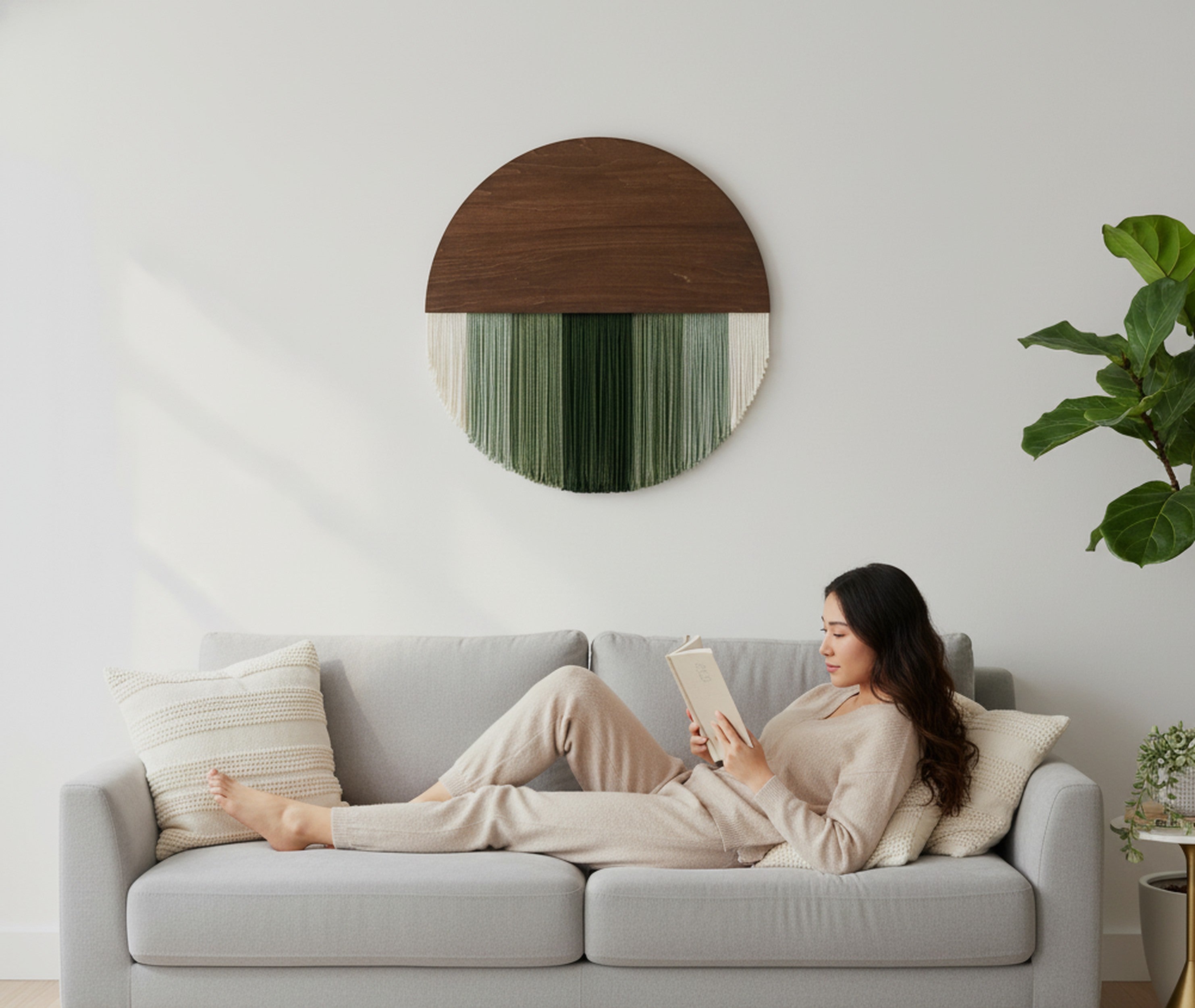 Lunar Memory Wall Hanging – Round Boho Fiber Moon Decor for Home V07