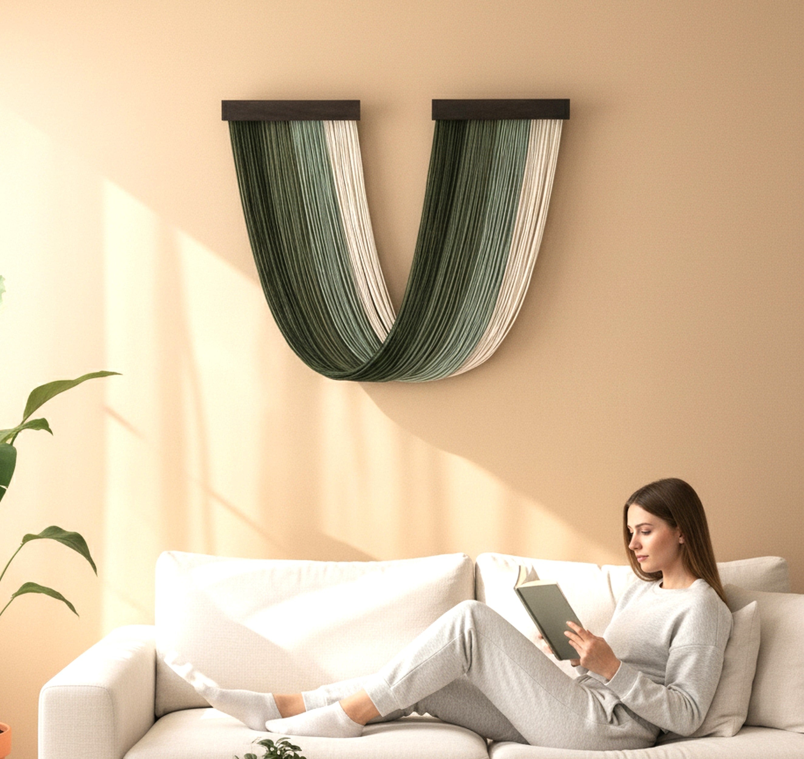 Milky Way Jellyfish - U-Shaped Macrame Wall Hanging in Earthy Green W59