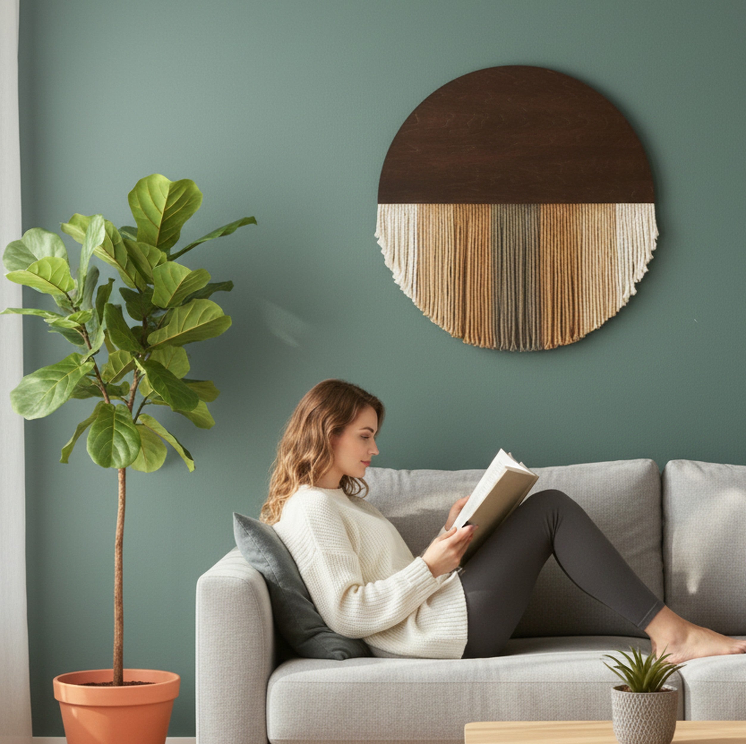 Lunar Memory Wall Hanging – Round Neutral Macrame Art for Home V07