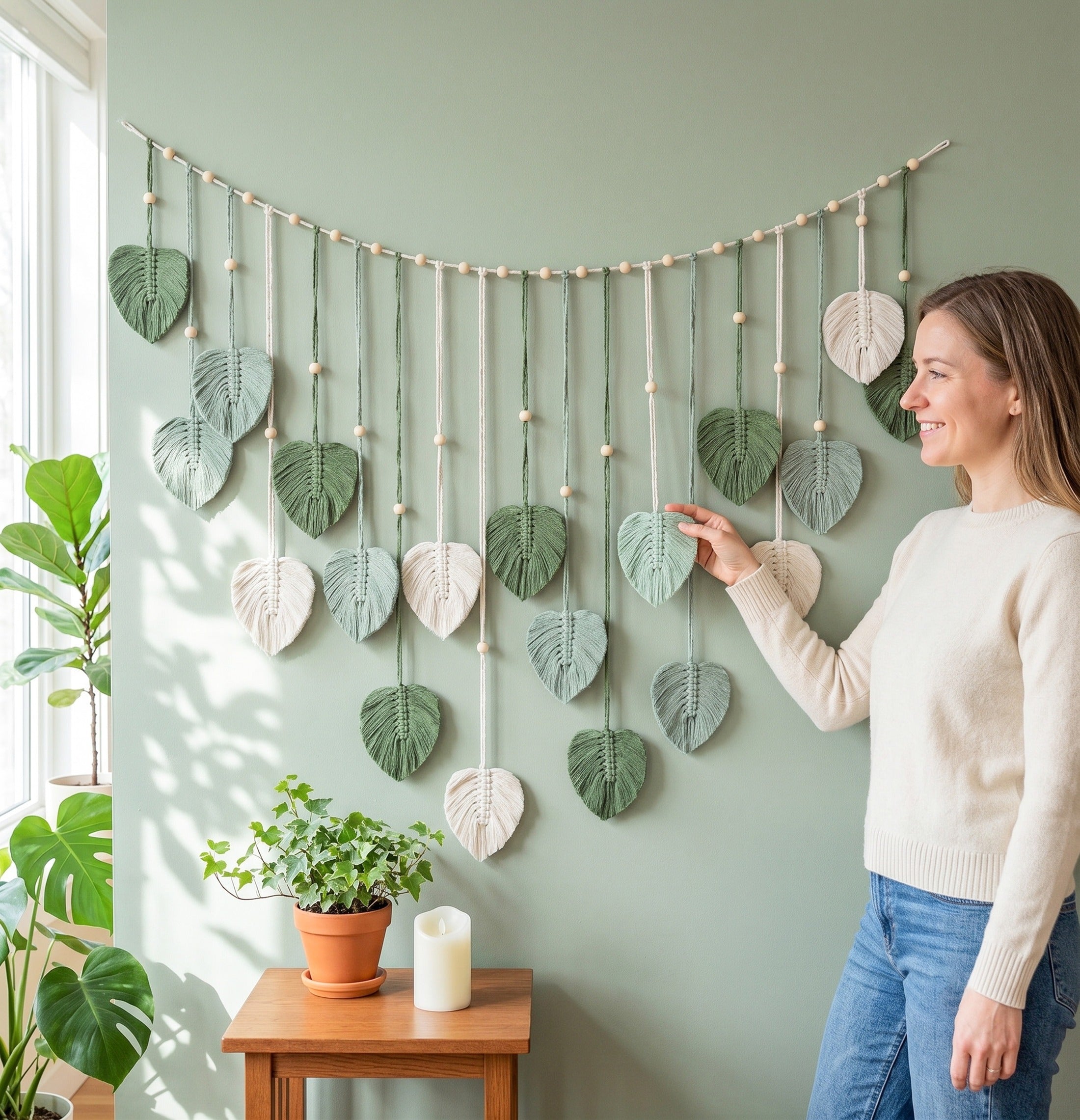Macrame Leaves Garland Macrame Cord and Wooden Beads for Nursery L09