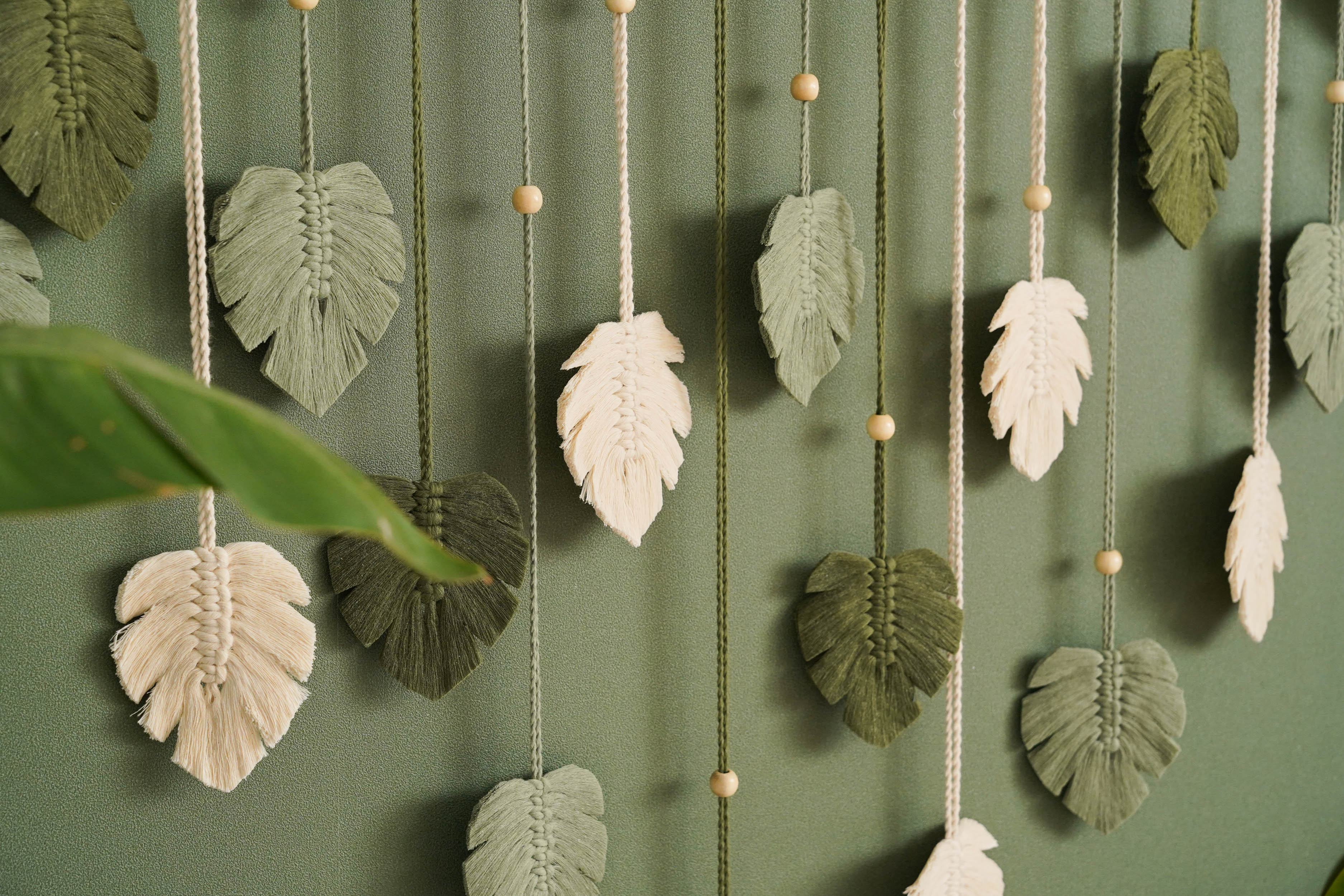 Macrame Leaves Garland Macrame Cord and Wooden Beads for Boho Wall Decor L09