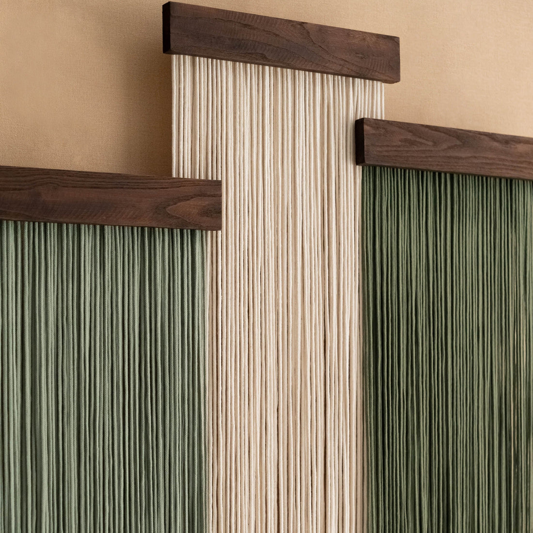 The Stillness - Set of Panel Macrame Wall Hanging in Green & Cream W18
