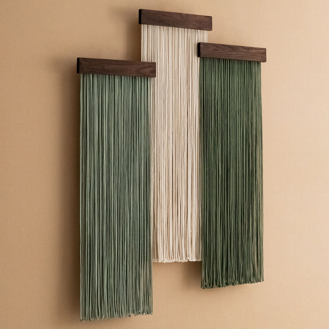 The Stillness - Set of Panel Macrame Wall Hanging in Green & Cream W18