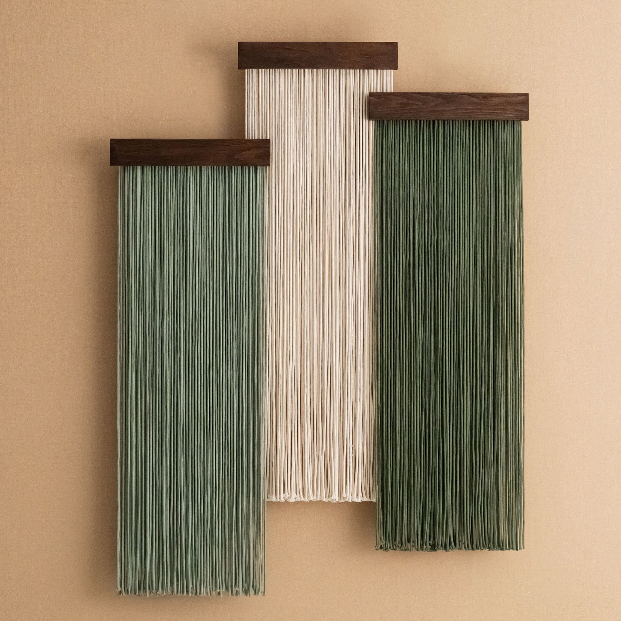 The Stillness - Set of Panel Macrame Wall Hanging in Green & Cream W18