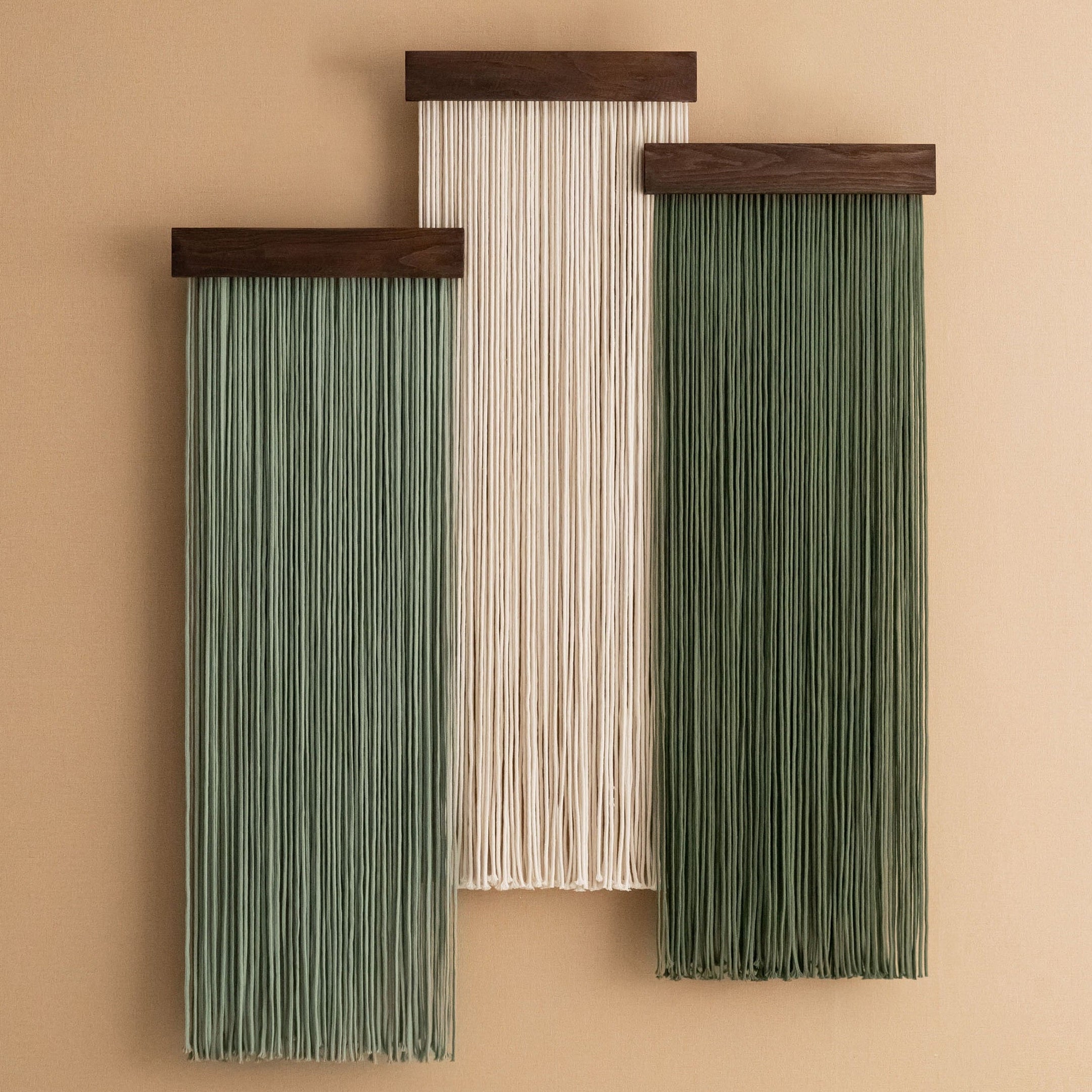 The Stillness - Set of Panel Macrame Wall Hanging in Green & Cream W18