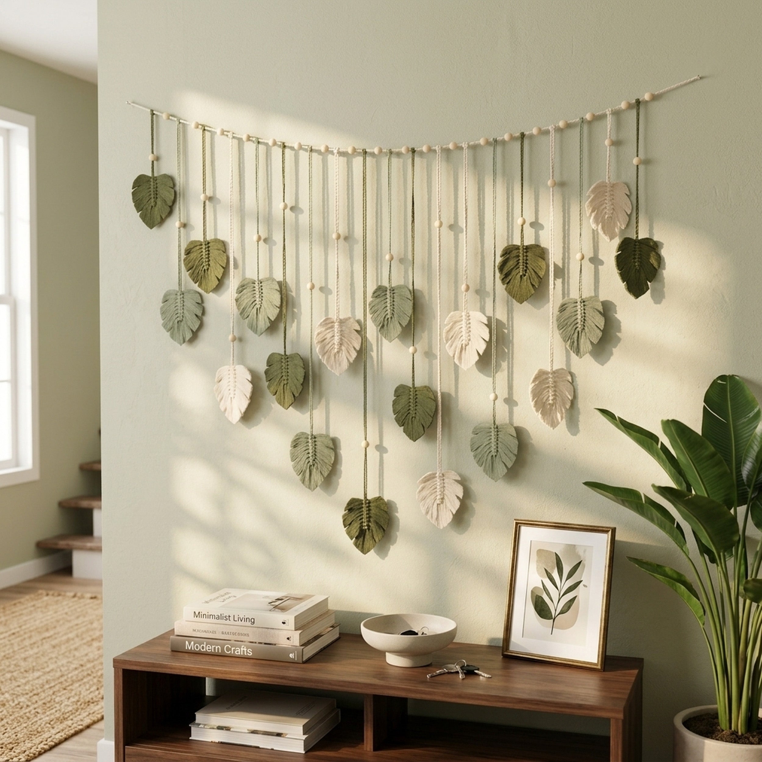 Macrame Leaves Garland Macrame Cord and Wooden Beads for Boho Wall Decor L09