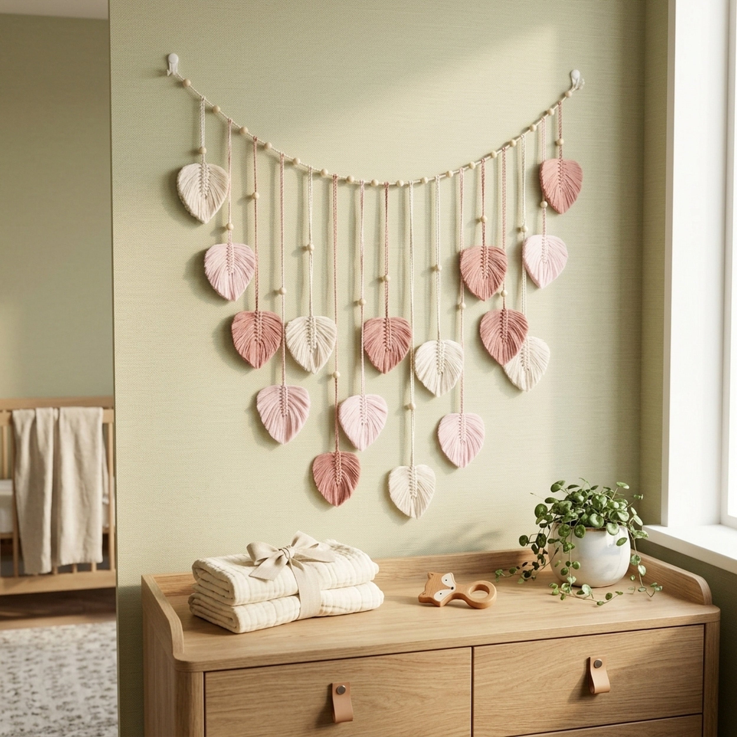Macrame Leaves Garland Macrame Cord and Wooden Beads for Nursery L09