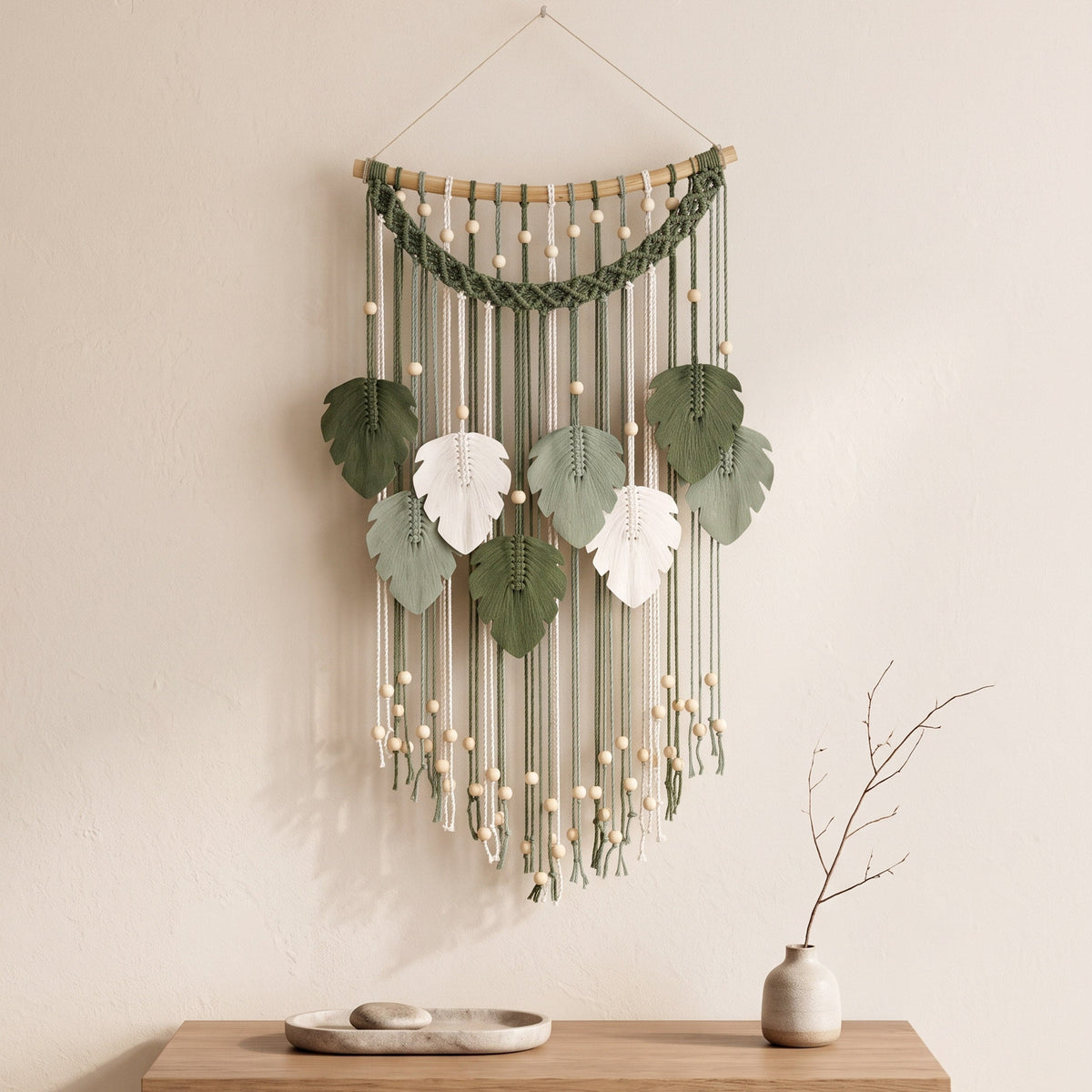 Macrame Leaf Wall Hanging with wooden beads for Boho Wall Decor L22