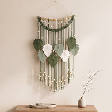 Macrame Leaf Wall Hanging with wooden beads for Boho Wall Decor L22