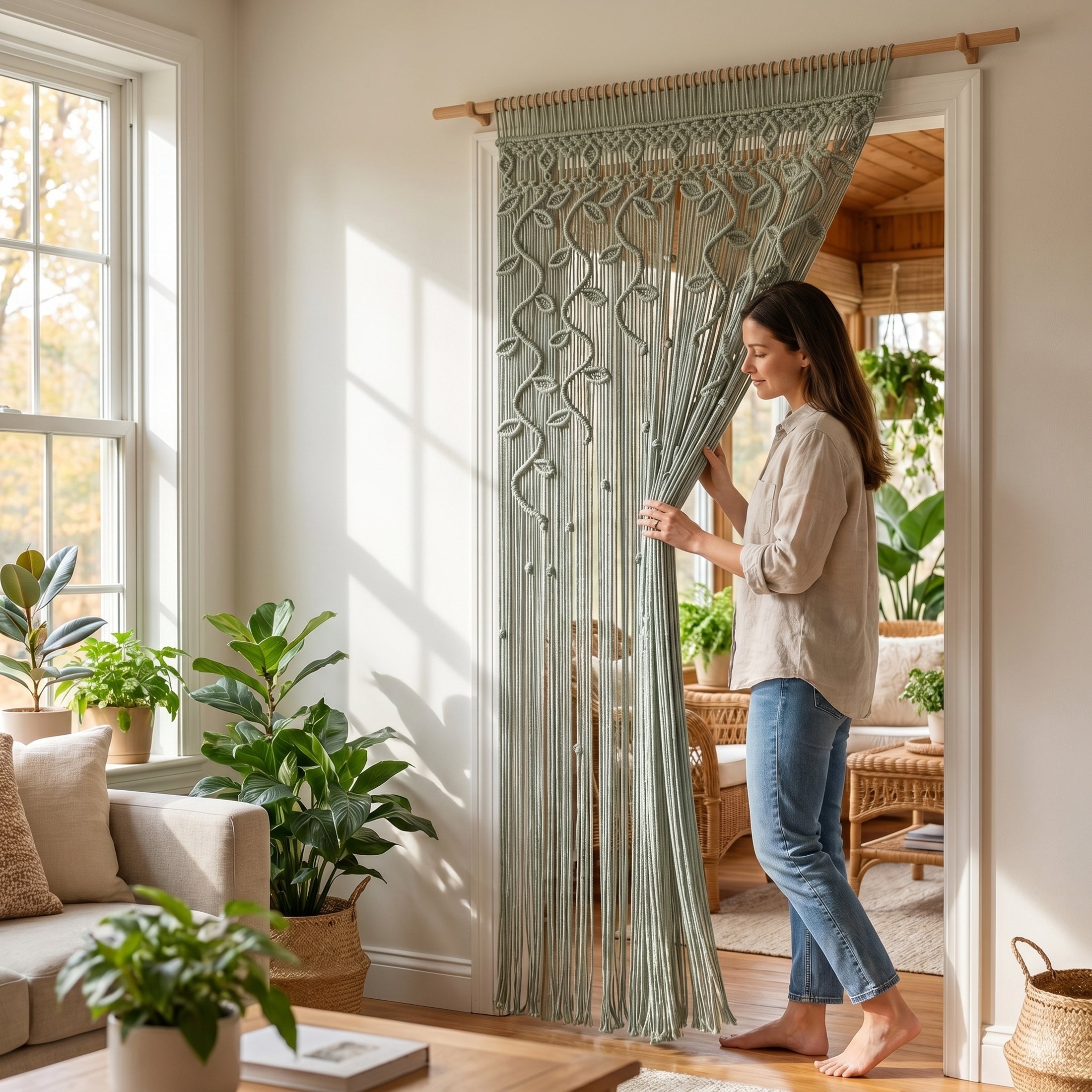 Macrame Curtain for Decorative Curtain and Boho Wall Decor C01