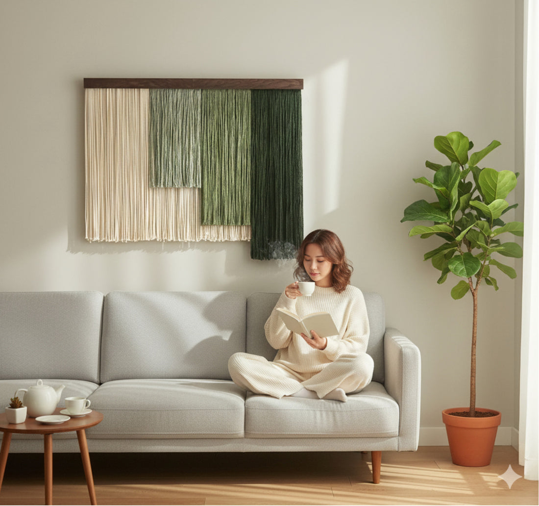 A macrame fiber wall hanging featuring various shades of green and beige cords, displayed on a wall.