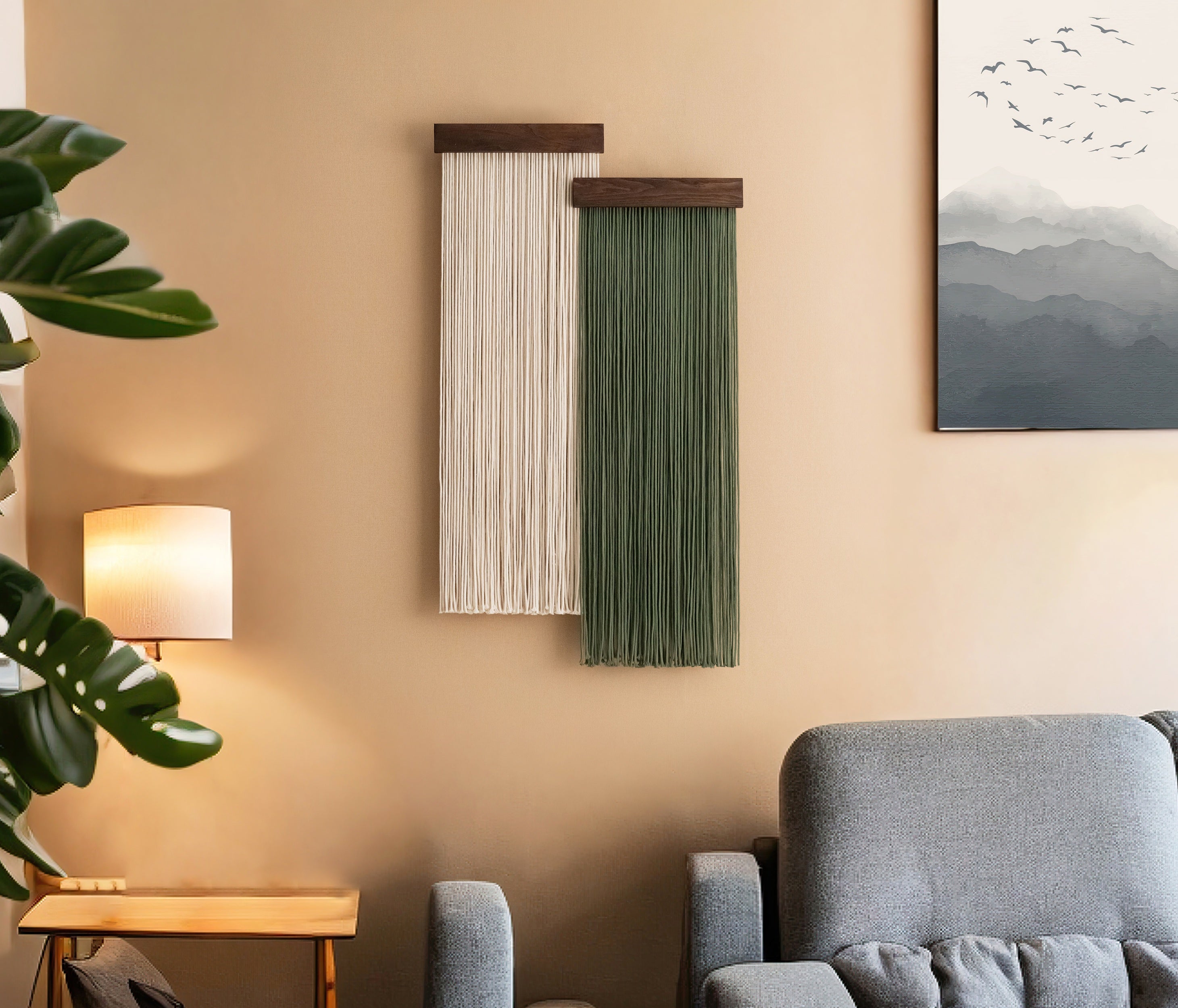 The Stillness - Set of Panel Macrame Wall Hanging in Green & Cream W18