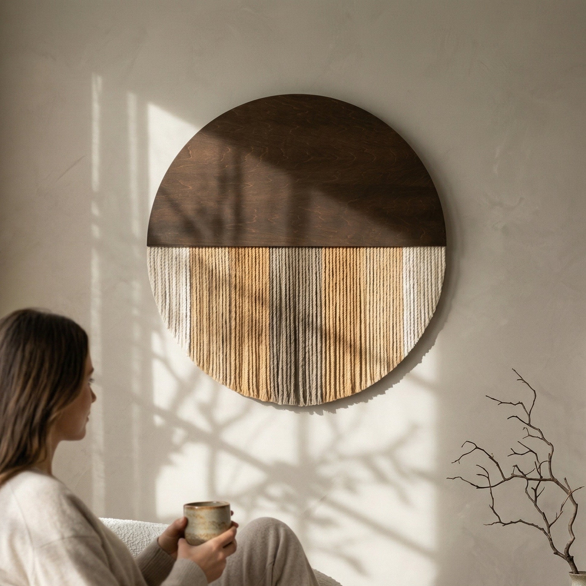 Lunar Memory Wall Hanging – Round Macrame Moon Art for Home V07
