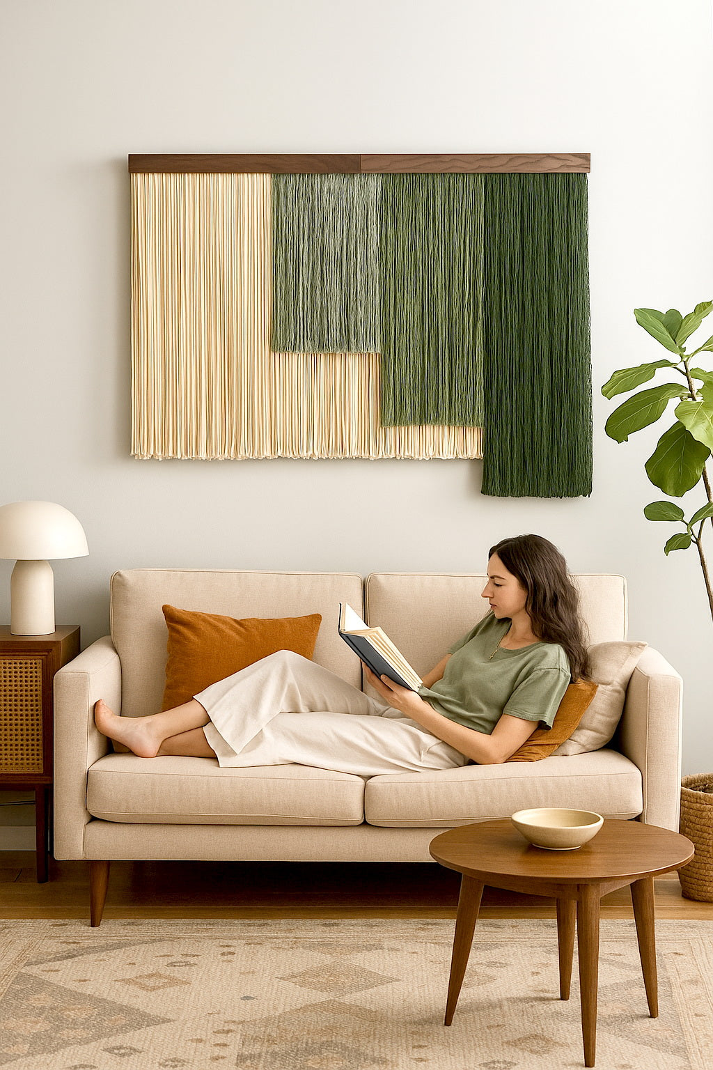A macrame fiber wall hanging featuring various shades of green and beige cords, displayed on a wall.